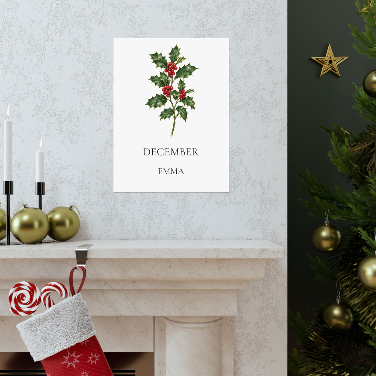 December Birth Flower Print – Holly Personalized Wall Art Gift, Matte