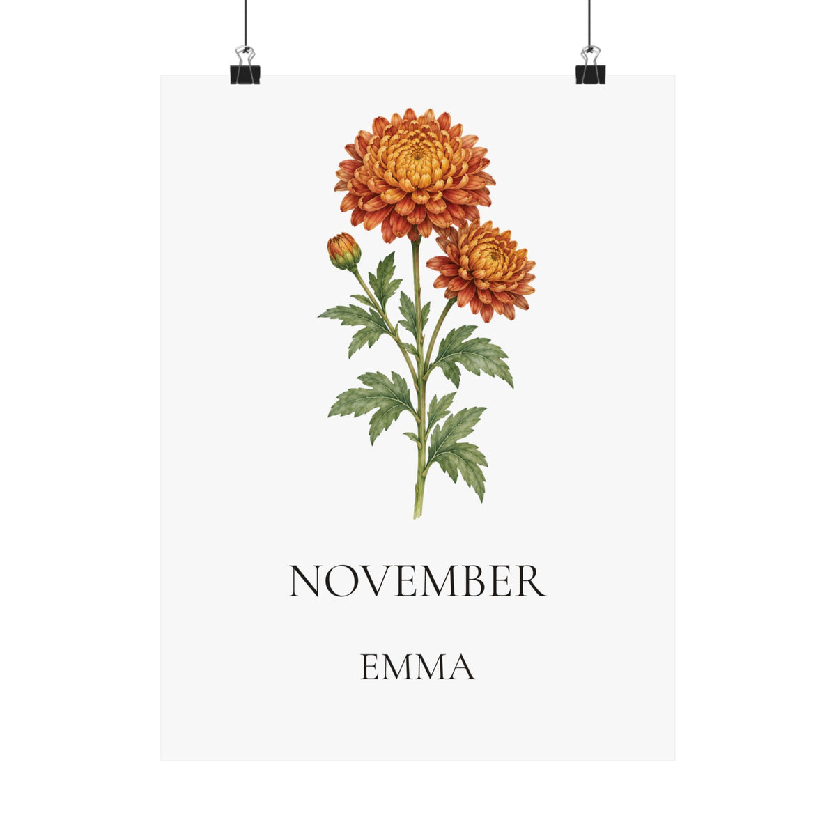 November Birth Flower Print – Chrysanthemum Personalized Wall Art Gift, Matte