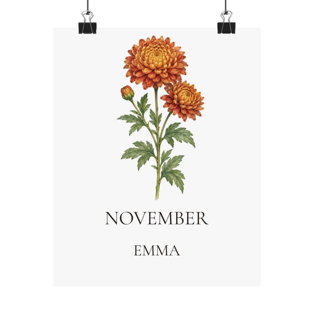 November Birth Flower Print – Chrysanthemum Personalized Wall Art Gift, Matte
