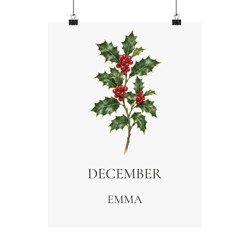 December Birth Flower Print – Holly Personalized Wall Art Gift, Matte