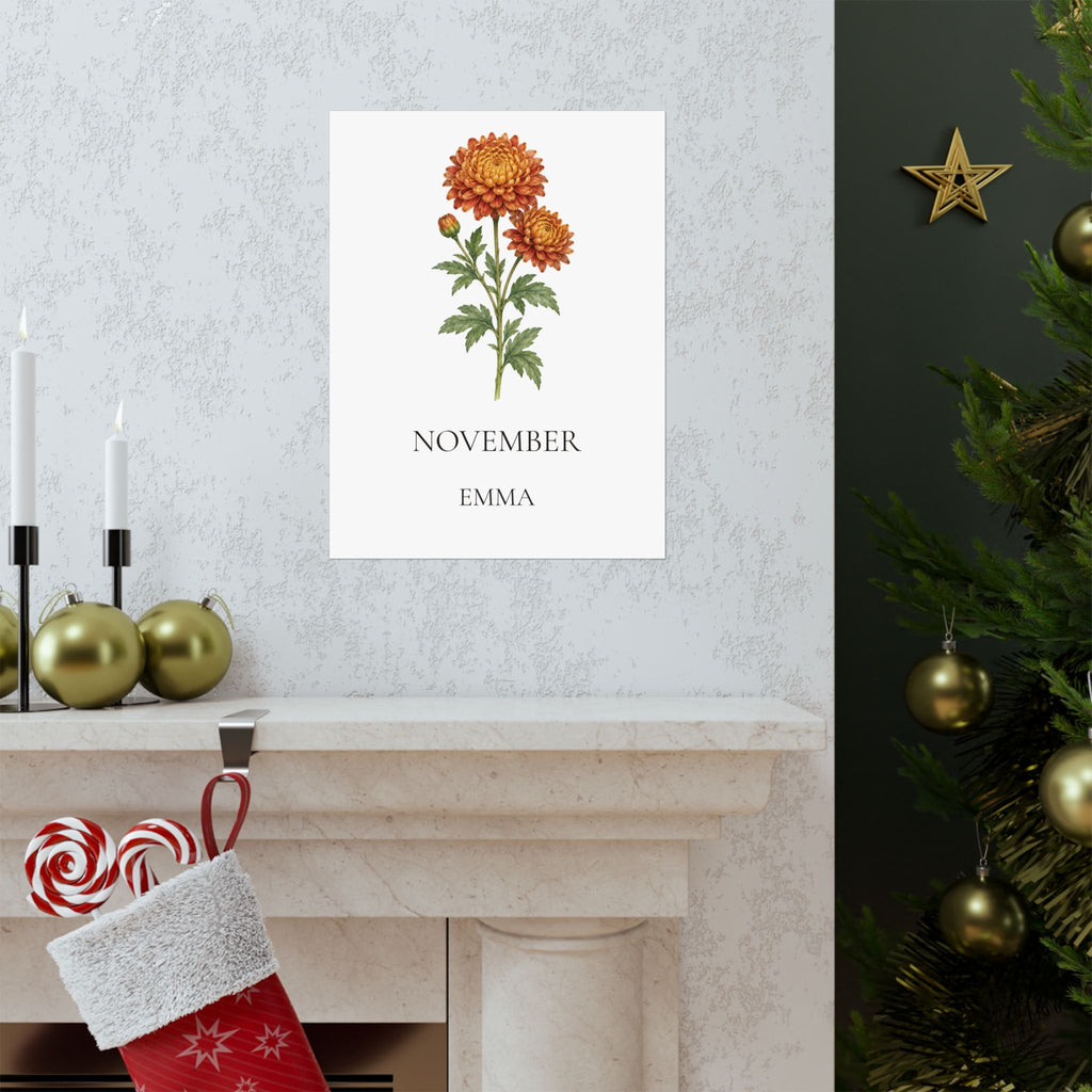 November Birth Flower Print – Chrysanthemum Personalized Wall Art Gift, Matte